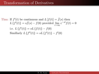 Examples of Inverse Laplace Transform - II 
1 L1 
 
s + 29 
(s + 4)(s2 + 9) 
 
2 L1 
 
s 
(s2  1) 
 
3 L1 
 
4s + 5 
(s  1)2(s + 2) 
 
4 L1 
 
2s2  1 
(s2 + 1)(s2 + 4) 
 
5 L1 
 
s 
s4 + s2 + 1 
 
6 L1 
 
s 
s4 + 4a4 
 
N. B. Vyas Laplace Transforms 
 