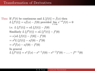 Transformation of Derivatives 
Thm: If f0(t) be continuous and L[f(t)] =  f(s) then 
Lff0(t)g = s  f(s)  f(0) provided lim 
t!1 
estf(t) = 0 
i.e. Lff0(t)g = sL ff(t)g  f(0) 
Simillarly Lff00(t)g = sL ff0(t)g  f0(0) 
N. B. Vyas Laplace Transforms 
 