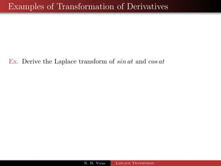 Transformation of Derivatives 
Thm: If f0(t) be continuous and L[f(t)] =  f(s) then 
Lff0(t)g = s  f(s)  f(0) provided lim 
t!1 
estf(t) = 0 
i.e. Lff0(t)g = sL ff(t)g  f(0) 
Simillarly Lff00(t)g = sL ff0(t)g  f0(0) 
= s [sL ff(t)g  f(0)]  f0(0) 
= s2Lff(t)g  sf(0)  f0(0) 
N. B. Vyas Laplace Transforms 
 
