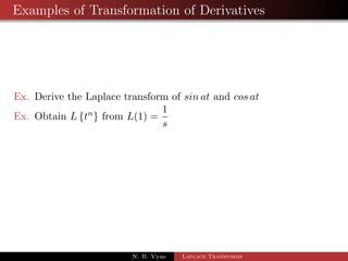 Transformation of Derivatives 
Thm: If f0(t) be continuous and L[f(t)] =  f(s) then 
Lff0(t)g = s  f(s)  f(0) provided lim 
t!1 
estf(t) = 0 
i.e. Lff0(t)g = sL ff(t)g  f(0) 
Simillarly Lff00(t)g = sL ff0(t)g  f0(0) 
= s [sL ff(t)g  f(0)]  f0(0) 
= s2Lff(t)g  sf(0)  f0(0) 
= s2  f(s)  sf(0)  f0(0) 
N. B. Vyas Laplace Transforms 
 