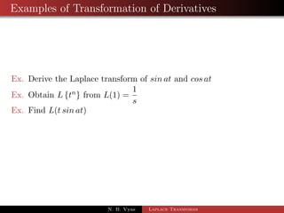 Transformation of Derivatives 
Thm: If f0(t) be continuous and L[f(t)] =  f(s) then 
Lff0(t)g = s  f(s)  f(0) provided lim 
t!1 
estf(t) = 0 
i.e. Lff0(t)g = sL ff(t)g  f(0) 
Simillarly Lff00(t)g = sL ff0(t)g  f0(0) 
= s [sL ff(t)g  f(0)]  f0(0) 
= s2Lff(t)g  sf(0)  f0(0) 
= s2  f(s)  sf(0)  f0(0) 
In general 
Lffn(t)g = sn  f(s)  sn1f(0)  sn2f0(0)  : : :  fn1(0) 
N. B. Vyas Laplace Transforms 
 