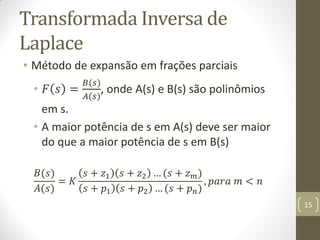 Transformada Inversa de
Laplace
• Método de expansão em frações parciais
• 𝐹 𝑠 =
𝐵(𝑠)
𝐴(𝑠)
, onde A(s) e B(s) são polinômios
em s.
• A maior potência de s em A(s) deve ser maior
do que a maior potência de s em B(s)
𝐵(𝑠)
𝐴(𝑠)
= 𝐾
𝑠 + 𝑧1 𝑠 + 𝑧2 … (𝑠 + 𝑧 𝑚)
𝑠 + 𝑝1 𝑠 + 𝑝2 … (𝑠 + 𝑝 𝑛)
, 𝑝𝑎𝑟𝑎 𝑚 < 𝑛
15
 