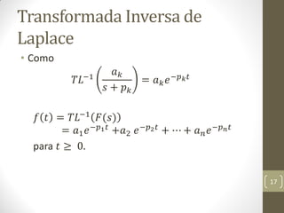Transformada Inversa de
Laplace
• Como
𝑇𝐿−1
𝑎 𝑘
𝑠 + 𝑝 𝑘
= 𝑎 𝑘 𝑒−𝑝 𝑘 𝑡
𝑓 𝑡 = 𝑇𝐿−1 𝐹(𝑠)
= 𝑎1 𝑒−𝑝1 𝑡
+𝑎2 𝑒−𝑝2 𝑡
+ ⋯ + 𝑎 𝑛 𝑒−𝑝 𝑛 𝑡
para 𝑡 ≥ 0.
17
 