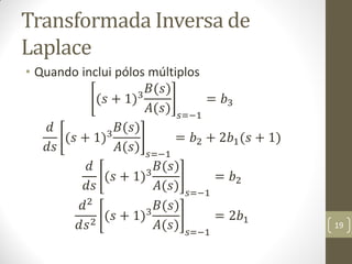 Transformada Inversa de
Laplace
• Quando inclui pólos múltiplos
(𝑠 + 1)3
𝐵(𝑠)
𝐴(𝑠) 𝑠=−1
= 𝑏3
𝑑
𝑑𝑠
(𝑠 + 1)3
𝐵(𝑠)
𝐴(𝑠) 𝑠=−1
= 𝑏2 + 2𝑏1(𝑠 + 1)
𝑑
𝑑𝑠
(𝑠 + 1)3
𝐵(𝑠)
𝐴(𝑠) 𝑠=−1
= 𝑏2
𝑑2
𝑑𝑠2
(𝑠 + 1)3
𝐵(𝑠)
𝐴(𝑠) 𝑠=−1
= 2𝑏1
19
 