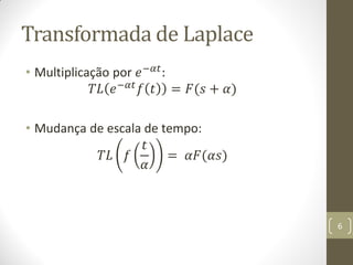 Transformada de Laplace
• Multiplicação por 𝑒−𝛼𝑡
:
𝑇𝐿 𝑒−𝛼𝑡 𝑓 𝑡 = 𝐹(𝑠 + 𝛼)
• Mudança de escala de tempo:
𝑇𝐿 𝑓
𝑡
𝛼
= 𝛼𝐹(𝛼𝑠)
6
 