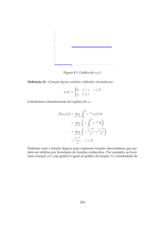 3
1
Figura 8.1: Gráﬁco de u3(t)
Deﬁnição 33. A função degrau unitário e deﬁnida e denotada por:
uc(t) =
0, t < c, c ≥ 0
1, t ≥ c
Calculemos a transformada de Laplace de uc:
L{uc(t)} = lim
A→∞
A
0
e−st
uc(t) dt
= lim
A→∞
+
A
c
e−st
dt
= lim
A→∞
−
e−sA
s
+
e−sc
s
=
e−sc
s
, s > 0.
Podemos usar a função degrau para expressar funções descontínuas que po-
dem ser obtidas por translação de funções conhecidas. Por exemplo, se tiver-
mos a função g(t) cujo gráﬁco é igual ao gráﬁco da função f(t) transladado de
224
 