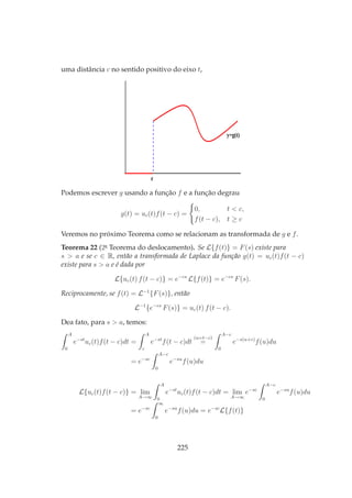 uma distância c no sentido positivo do eixo t,
y=g(t)
c
Podemos escrever g usando a função f e a função degrau
g(t) = uc(t)f(t − c) =
0, t < c,
f(t − c), t ≥ c
Veremos no próximo Teorema como se relacionam as transformada de g e f.
Teorema 22 (2o
Teorema do deslocamento). Se L{f(t)} = F(s) existe para
s > a e se c ∈ R, então a transformada de Laplace da função g(t) = uc(t)f(t − c)
existe para s > a e é dada por
L{uc(t) f(t − c)} = e−cs
L{f(t)} = e−cs
F(s).
Reciprocamente, se f(t) = L−1
{F(s)}, então
L−1
{e−cs
F(s)} = uc(t) f(t − c).
Dea fato, para s > a, temos:
A
0
e−st
uc(t)f(t − c)dt =
A
c
e−st
f(t − c)dt
(u=t−c)
=
A−c
0
e−s(u+c)
f(u)du
= e−sc
A−c
0
e−su
f(u)du
L{uc(t)f(t − c)} = lim
A→∞
A
0
e−st
uc(t)f(t − c)dt = lim
A→∞
e−sc
A−c
0
e−su
f(u)du
= e−sc
∞
0
e−su
f(u)du = e−sc
L{f(t)}
225
 