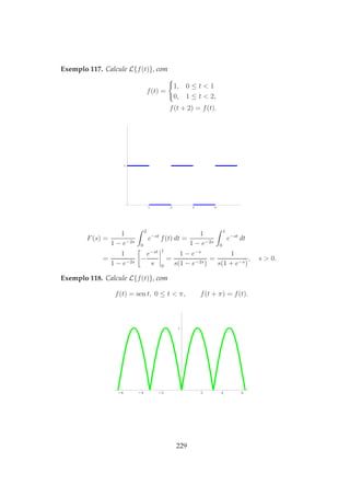 Exemplo 117. Calcule L{f(t)}, com
f(t) =
1, 0 ≤ t < 1
0, 1 ≤ t < 2,
f(t + 2) = f(t).
1 2 3 4
1
F(s) =
1
1 − e−2s
2
0
e−st
f(t) dt =
1
1 − e−2s
1
0
e−st
dt
=
1
1 − e−2s
−
e−st
s
1
0
=
1 − e−s
s(1 − e−2s)
=
1
s(1 + e−s)
, s > 0.
Exemplo 118. Calcule L{f(t)}, com
f(t) = sen t, 0 ≤ t < π, f(t + π) = f(t).
-6 -4 -2 2 4 6
1
229
 