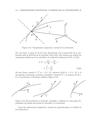 2.4. COMPONENTES TANGENCIAL Y NORMAL DE LA ACELERACI ´ ON 25 
X 
Y 
Z 
r 
o 
T 
V 
aT 
aN 
N 
a 
Figura 2.11: Componentes tangencial y normal de la aceleraci´on. 
Por otro lado, el signo de dv/dt viene determinado por la proyecci´on de la ace-leraci 
´on sobre la direcci´on de la velocidad. Para verlo, s´olo tenemos que utilizar las 
expresiones intr´ınsecas de la velocidad y la aceleraci´on dadas por (2.10) y (2.22): 
a · V 
= vT 
dvT 
dt 
= v 
dv 
dt 
→ 
a · 
V 
v 
= 
dv 
dt 
. (2.26) 
De esta forma, cuando a · V 
es  0 ( 0), entonces dv/dt es  0 ( 0), y el 
movimiento se denomina acelerado, (retardado). Cuando a·V 
= 0, entonces dv/dt = 
0 y el movimiento se denomina uniforme (figura 2.12). 
V 
a 
V 
a V 
a 
Figura 2.12: El movimiento es acelerado, retardado o uniforme en cada punto de-pendiendo 
del ´angulo que forman la velocidad y la aceleraci´on. 
Como las aceleraciones tangencial y normal son perpendiculares, el m´odulo de 
la aceleraci´on es 
 