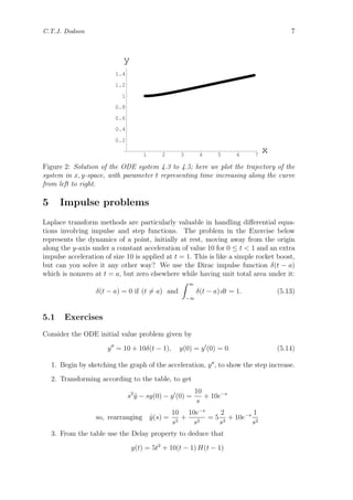 C.T.J. Dodson 7
1 2 3 4 5 6 7
x
0.2
0.4
0.6
0.8
1
1.2
1.4
y
Figure 2: Solution of the ODE system 4.3 to 4.5; here we plot the trajectory of the
system in x, y-space, with parameter t representing time increasing along the curve
from left to right.
5 Impulse problems
Laplace transform methods are particularly valuable in handling diﬀerential equa-
tions involving impulse and step functions. The problem in the Exercise below
represents the dynamics of a point, initially at rest, moving away from the origin
along the y-axis under a constant acceleration of value 10 for 0 ≤ t < 1 and an extra
impulse acceleration of size 10 is applied at t = 1. This is like a simple rocket boost,
but can you solve it any other way? We use the Dirac impulse function δ(t − a)
which is nonzero at t = a, but zero elsewhere while having unit total area under it:
δ(t − a) = 0 if (t = a) and
∞
−∞
δ(t − a) dt = 1. (5.13)
5.1 Exercises
Consider the ODE initial value problem given by
y = 10 + 10δ(t − 1), y(0) = y (0) = 0. (5.14)
1. Begin by sketching the graph of the acceleration, y , to show the step increase.
2. Transforming according to the table, to get
s2
˜y − sy(0) − y (0) =
10
s
+ 10e−s
so, rearranging ˜y(s) =
10
s3
+
10e−s
s2
= 5
2
s3
+ 10e−s 1
s2
3. From the table use the Delay property to deduce that
y(t) = 5t2
+ 10(t − 1) H(t − 1)
 