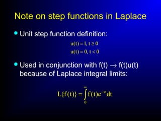 Note on step functions in Laplace
∫
∞
−
=
0
st
dte)t(f)}t(f{L
0t,0)t(u
0t,1)t(u
<=
≥=
Unit step function definition:
Used in conjunction with f(t) → f(t)u(t)
because of Laplace integral limits:
 