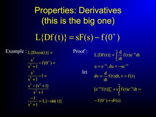 Properties: Derivatives
(this is the big one)
)0(f)s(sF)}t(Df{L +
−=
Example :
)}tsin({L
1s
1
1s
)1s(s
1
1s
s
)0(f
1s
s
)}tcos(D{L
2
2
22
2
2
2
2
−=
+
−
+
+−
=−
+
=−
+
=
+
Proof :
)s(sF)0(f
dte)t(fs)]t(fe[
)t(fv,dt)t(f
dt
d
dv
sedu,eu
dte)t(f
dt
d
)}t(Df{L
0
st
0
st
stst
0
st
+−
=+
==
−==
=
+
∞
−∞−
−−
∞
−
∫
∫
let
 