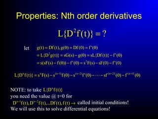 ?)}t(fD{L 2
=
)0('f)0(sF)s(Fs)0('f))0(f)s(sF(s
)0('f)}t(Df{sL)0(g)s(sG)}t(gD{L
)0('f)0(Df)0(g),t(Df)t(g
2
2
−−=−−=
−=−==
===let
)0(f)0(sf)0('fs)0(fs)s(Fs)}t(fD{L )'1n()'2n()2n()1n(nn −−−−
−−−−−= 
NOTE: to take
you need the value @ t=0 for
called initial conditions!
We will use this to solve differential equations!
→−−
)t(f),t(Df),...t(fD),t(fD 2n1n
)}t(fD{L n
Properties: Nth order derivatives
 