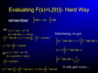 Evaluating F(s)=L{f(t)}- Hard Way
remember ∫ ∫−= vduuvudv
)tcos(v,dt)tsin(dv
dtsedu,eu stst
−==
−== −−
∫
∫ ∫
∞
−−
∞ ∞
−∞−−
−−
=−−=∴
0
stst
0 0
st
0
stst
dt)tcos(es)1(e
dt)tcos(es)tcos(e[dt)tsin(e ]
)tsin(v,dt)tcos(dv
dtsedu,eu stst
==
−== −−
∫∫
∫
∞
−−
∞
−∞−
∞
−
+−=+−
=∴
0
stst
0
st
0
st
0
st
dt)tsin(es)0(edt)tsin(es)tsin(e[
dt)tcos(e
]
2
0
st
0
st2
0 0
st2st
s1
1
dt)tsin(e
1dt)tsin(e)s1(
dt)tsin(es1dt)tsin(se
+
=
=+
=−=
∫
∫
∫ ∫
∞
−
∞
−
∞ ∞
−−
let
let
Substituting, we get:
It only gets worse…
 