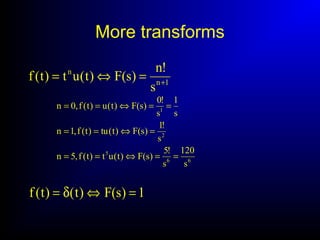 More transforms
1n
n
s
!n
)s(F)t(ut)t(f +
=⇔=
66
5
2
1
s
120
s
!5
)s(F)t(ut)t(f,5n
s
!1
)s(F)t(tu)t(f,1n
s
1
s
!0
)s(F)t(u)t(f,0n
==⇔==
=⇔==
==⇔==
1)s(F)t()t(f =⇔δ=
 