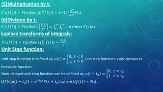 If L{𝑓 𝑡 } = F(s) then L{𝑡 𝑛
𝑓 𝑡 } = (−1) 𝑛 𝑑 𝑛
𝑑𝑠 𝑛F(s).
If L{𝑓 𝑡 } = F(s) then L
𝑓(𝑡)
𝑡 𝑛 = 𝑠
∞
𝑠
∞
… 𝑛 𝑡𝑖𝑚𝑒𝑠 𝐹 𝑠 𝑑𝑠.
If L{𝑓 𝑡 } = F(s) then L{ 0
𝑡
𝑓(𝑡)} =
𝐹(𝑆)
𝑠
.
Unit step function is defined as, u 𝑡 =
0, 𝑡 < 0
1, 𝑡 > 0
,unit step function is also known as
heaviside function.
Now, delayed unit step function can be defined as, u 𝑡 − 𝑡0 =
0, 𝑡 < 𝑡0
1, 𝑡 > 𝑡0
L{𝑓 𝑡 𝑢(𝑡 − 𝑡0)} = 𝑒−𝑡0 𝑠 𝐹 𝑠 + 𝑡0 , where L{𝑓 𝑡 } = F(s) .
 