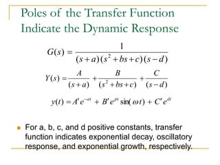 Poles of the Transfer Function
Indicate the Dynamic Response
 For a, b, c, and d positive constants, transfer
function indicates exponential decay, oscillatory
response, and exponential growth, respectively.
)
(
)
(
)
(
)
( 2
d
s
C
c
bs
s
B
a
s
A
s
Y






=
dt
pt
at
e
C
t
e
B
e
A
t
y 




= 
)
sin(
)
( 
)
(
)
(
)
(
1
)
( 2
d
s
c
bs
s
a
s
s
G




=
 