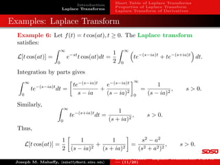 Introduction
Laplace Transforms
Short Table of Laplace Transforms
Properties of Laplace Transform
Laplace Transform of Derivatives
Laplace Transform
Definition (Laplace Transform)
Let f be a function on [0, ∞). The Laplace transform of f is the
function F defined by the integral,
F(s) =
Z ∞
0
e−st
f(t)dt.
The domain of F(s) is the set of all values of s for which this integral
converges. The Laplace transform of f is denoted by both F and
L.
Convention uses s as the independent variable and capital letters for
the transformed functions:
L[f] = F L[y] = Y L[x] = X
L[f](s) = F(s) L[y](s) = Y (s) L[x](s) = X(s)
Joseph M. Mahaffy, hmahaffy@math.sdsu.edui
Lecture Notes – Laplace Transforms: Part A
— (7/26)
 