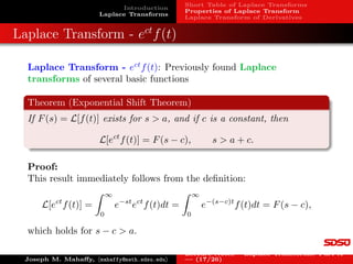 Introduction
Laplace Transforms
Short Table of Laplace Transforms
Properties of Laplace Transform
Laplace Transform of Derivatives
Laplace Transform - Linearity
The Laplace transform is a linear operator
Theorem (Linearity of Laplace Transform)
Suppose the f1 and f2 are two functions where Laplace transforms
exist for s  a1 and s  a2, respectively. Let c1 and c2 be real or
complex numbers. Then for s  max{a1, a2},
L[c1f1(t) + c2f2(t)] = c1L[f1(t)] + c2L[f2(t)].
The proof uses the linearity of integrals.
Joseph M. Mahaffy, hmahaffy@math.sdsu.edui
Lecture Notes – Laplace Transforms: Part A
— (9/26)
 