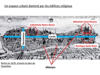 Cathédrale Notre-Dame
Abbatiale Saint-Nicaise
Basilique Saint-Remi
Cardo
Decumanus
Abbayes
Reims en 1635, d’après le plan de
Chastillon
Un espace urbain dominé par les édifices religieux
 