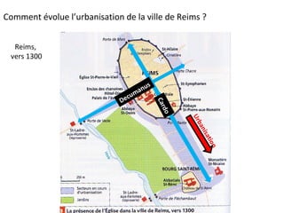Cardo
Decumanus
Reims,
vers 1300
Urbanisation
Comment évolue l’urbanisation de la ville de Reims ?
 