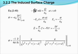3.2.2 The Induced Surface Charge
Eq.(2.49)
0
ˆˆ
V
E z V z
z
σ
ε
∂
= = −∇ = −
∂
v
0
0z
V
z
σ ε
=
∂
= −
∂
0 0
z z
A
E A E
σ σ
ε ε
×
− = = −
0
0
Q
E da at z
ε
× = ≅∫
v v
QÑ
( ) ( )2 22 2 2 2
0
1
4
z
q q
z x y z d x y z d
σ
π
=
 
− ∂  
= − 
∂  + + − + + + 
 