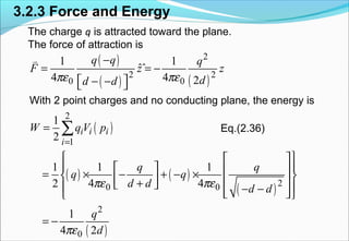 3.2.3 Force and Energy
The charge q is attracted toward the plane.
The force of attraction is
With 2 point charges and no conducting plane, the energy is
Eq.(2.36)
( )
( ) ( )
2
2 2
0 0
1 1
ˆˆ
4 4 2
q q q
F z z
dd dπε πε
−
= = −
 − − 
v
( )
( ) ( )
( )
( )
2
1
20 0
2
0
1
2
1 1 1
2 4 4
1
4 2
i i i
i
W q V p
q q
q q
d d d d
q
d
πε πε
πε
=
=
  
    = × − + − ×    +  − −   
= −
∑
 