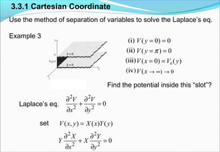3.3.1 Cartesian Coordinate
Use the method of separation of variables to solve the Laplace’s eq.
Example 3
0)(
)()0(
0)(
0)0(
0
→∞→
==
==
==
xV
yVxV
yV
yV
π
Find the potential inside this “slot”?
Laplace’s eq.
2 2
2 2
0
V V
x y
∂ ∂
+ =
∂ ∂
set )()(),( yYxXyxV =
2 2
2 2
0
X Y
Y X
x y
∂ ∂
+ =
∂ ∂
 