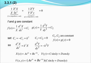 0
11
)(
2
2
)(
2
2
=
∂
∂
+
∂
∂

onlyydepedentygonlyxdepedentxf
y
Y
Yx
X
X
f and g are constant
1 2 0C C+ =
12
2
1
)( C
dx
Xd
X
xf ==
2
22
1
( )
d Y
g y C
Y dy
= =
2
21 kCC =−=set
so Xk
dx
Xd 2
2
2
=
2
2
2
d Y
k Y
dy
= −
kyDkyCyYBeAexX kxkx
cossin)(,)( +=+= −
=),( yxV )( kxkx
BeAe −
+ )cossin( kyDkyC +
3.3.1 (2)
1 2, are constant
( ) ( ) 0
C C
f x g y+ =
 