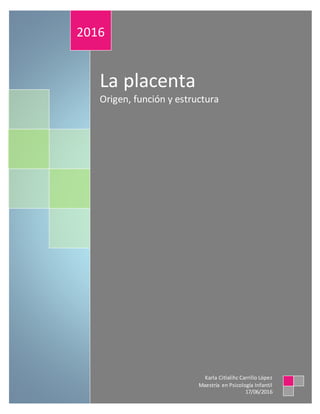 La placenta
Origen, función y estructura
2016
Karla Citlalihc Carrillo López
Maestría en Psicología Infantil
17/06/2016
 
