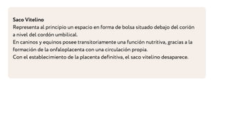 Saco Vitelino
Representa al principio un espacio en forma de bolsa situado debajo del corión
a nivel del cordón umbilical.
En caninos y equinos posee transitoriamente una función nutritiva, gracias a la
formación de la onfaloplacenta con una circulación propia.
Con el establecimiento de la placenta definitiva, el saco vitelino desaparece.
 