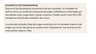 PLACENTA COTILEDONARIAS
Este es el tipo de placenta característica de los rumiantes. Un cotiledón se
define como una unidad de la placenta de origen trofoblástico conformado por
abundantes vasos sanguíneos y tejido conectivo. Pueden existir entre 90 y 120
cotiledones distribuidos alrededor del corion.
La unión del cotiledón fetal (de origen coriónico) con el cotiledón materno (de
origen caruncular del útero) se conoce como “placentoma” que es el punto de
intercambio materno–fetal
 