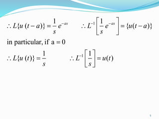 1
1
1 1
{ ( )} { ( )}
in particular, if a 0
1 1
{ ( )} ( )
as as
L u t a e L e u t a
s s
L u t L u t
s s
  

 
       

 
     
5
 