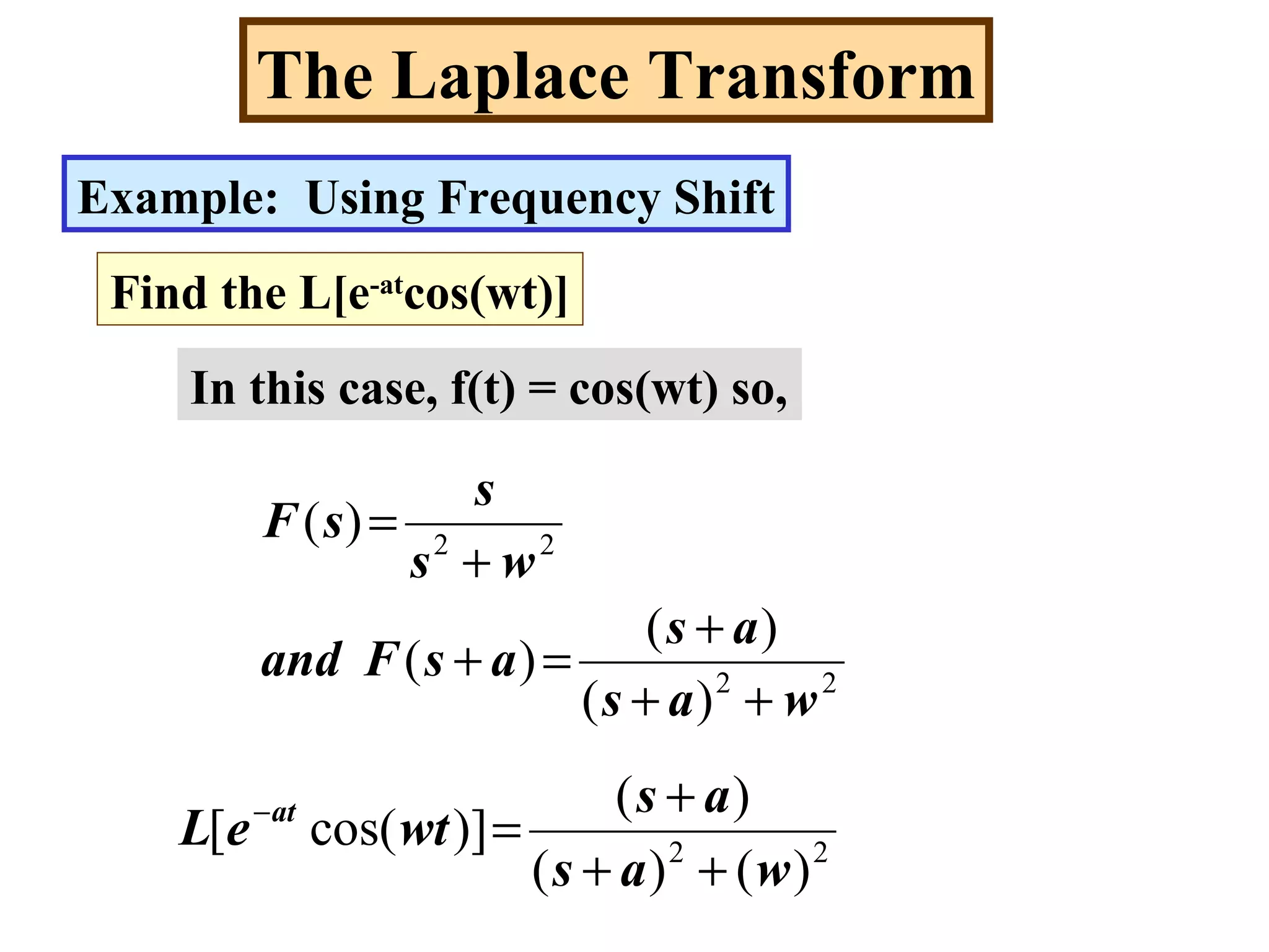 The Laplace Transform
Example: Using Frequency Shift
Find the L[e-at
cos(wt)]
In this case, f(t) = cos(wt) so,
22
22
)(
)(
)(
)(
was
as
asFand
ws
s
sF
++
+
=+
+
=
22
)()(
)(
)]cos([
was
as
wteL at
++
+
=−
 