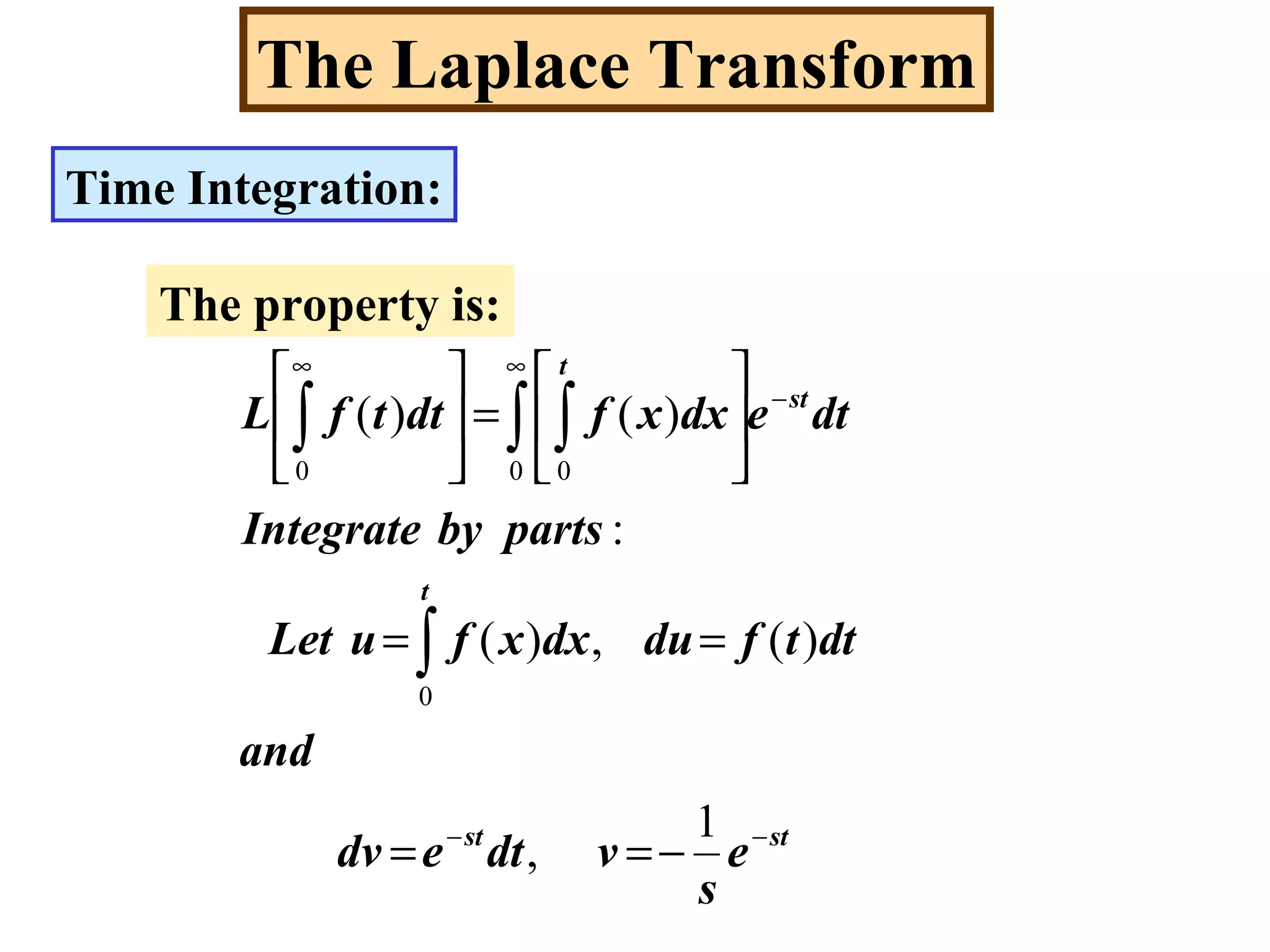 The Laplace Transform
Time Integration:
The property is:
stst
t
st
t
e
s
vdtedv
and
dttfdudxxfuLet
partsbyIntegrate
dtedxxfdttfL
−−
−
∞∞
−==
==






=





∫
∫ ∫∫
1
,
)(,)(
:
)()(
0
0 00
 