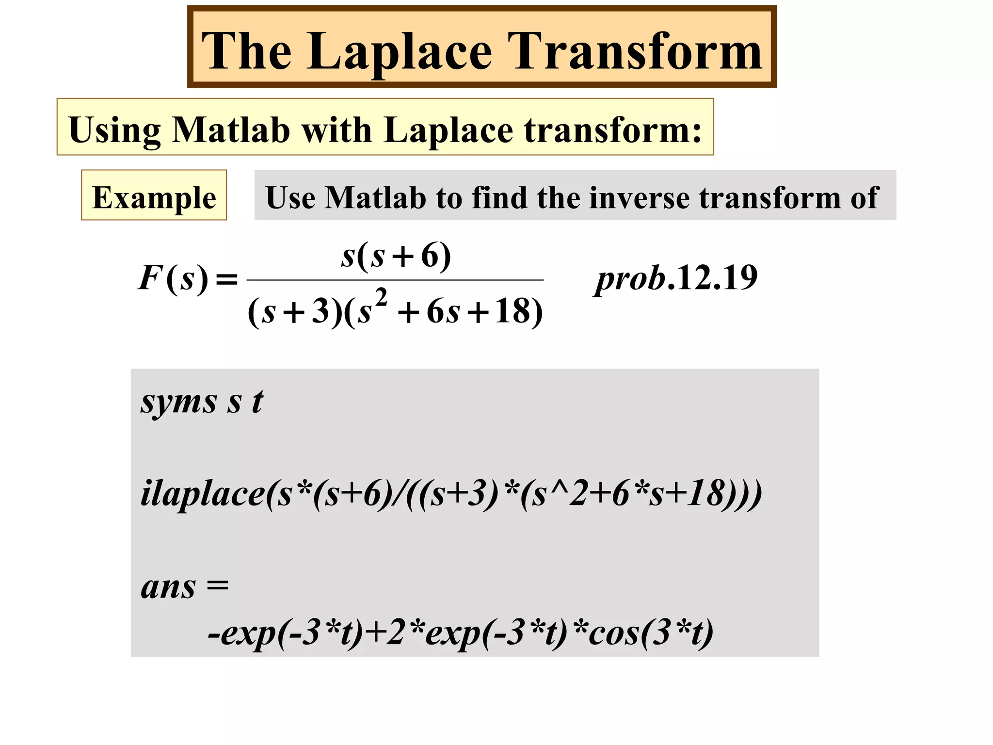 The Laplace Transform
Using Matlab with Laplace transform:
Example Use Matlab to find the inverse transform of
19.12.
)186)(3(
)6(
)( 2
prob
sss
ss
sF
+++
+
=
syms s t
ilaplace(s*(s+6)/((s+3)*(s^2+6*s+18)))
ans =
-exp(-3*t)+2*exp(-3*t)*cos(3*t)
 