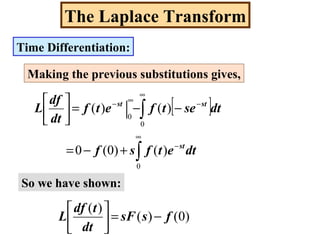 The Laplace Transform
Time Differentiation:
Making the previous substitutions gives,
[ ]
∫
∫
∞
−
∞
−∞−
+−=
−−=





0
0
0
)()0(0
)()( |
dtetfsf
dtsetfetf
dt
df
L
st
stst
So we have shown:
)0()(
)(
fssF
dt
tdf
L −=



 