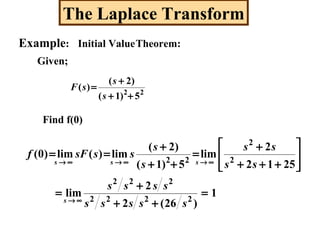 The Laplace Transform
Initial ValueTheorem:Example:
Given;
22
5)1(
)2(
)(
++
+
=
s
s
sF
Find f(0)
1
)26(2
2
lim
2512
2
lim
5)1(
)2(
lim)(lim)0(
2222
222
2
2
22
=
++
+
=








+++
+
=
++
+
==
sssss
ssss
ss
ss
s
s
sssFf
∞→s∞→s ∞→s
∞→s
 