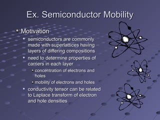 Ex. Semiconductor MobilityEx. Semiconductor Mobility
MotivationMotivation

semiconductors are commonlysemiconductors are commonly
made with superlattices havingmade with superlattices having
layers of differing compositionslayers of differing compositions

need to determine properties ofneed to determine properties of
carriers in each layercarriers in each layer
concentration of electrons andconcentration of electrons and
holesholes
mobility of electrons and holesmobility of electrons and holes

conductivity tensor can be relatedconductivity tensor can be related
to Laplace transform of electronto Laplace transform of electron
and hole densitiesand hole densities
 