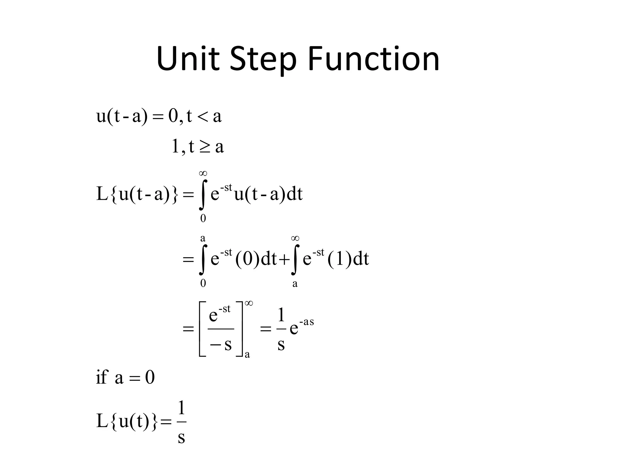 Unit Step Function
s
1
L{u(t)}
0aif
e
s
1
s
e
(1)dte(0)dte
a)dt-u(tea)}-L{u(t
at1,
at0,a)-u(t
as-
a
st-
a
st-
a
0
st-
0
st-



















 