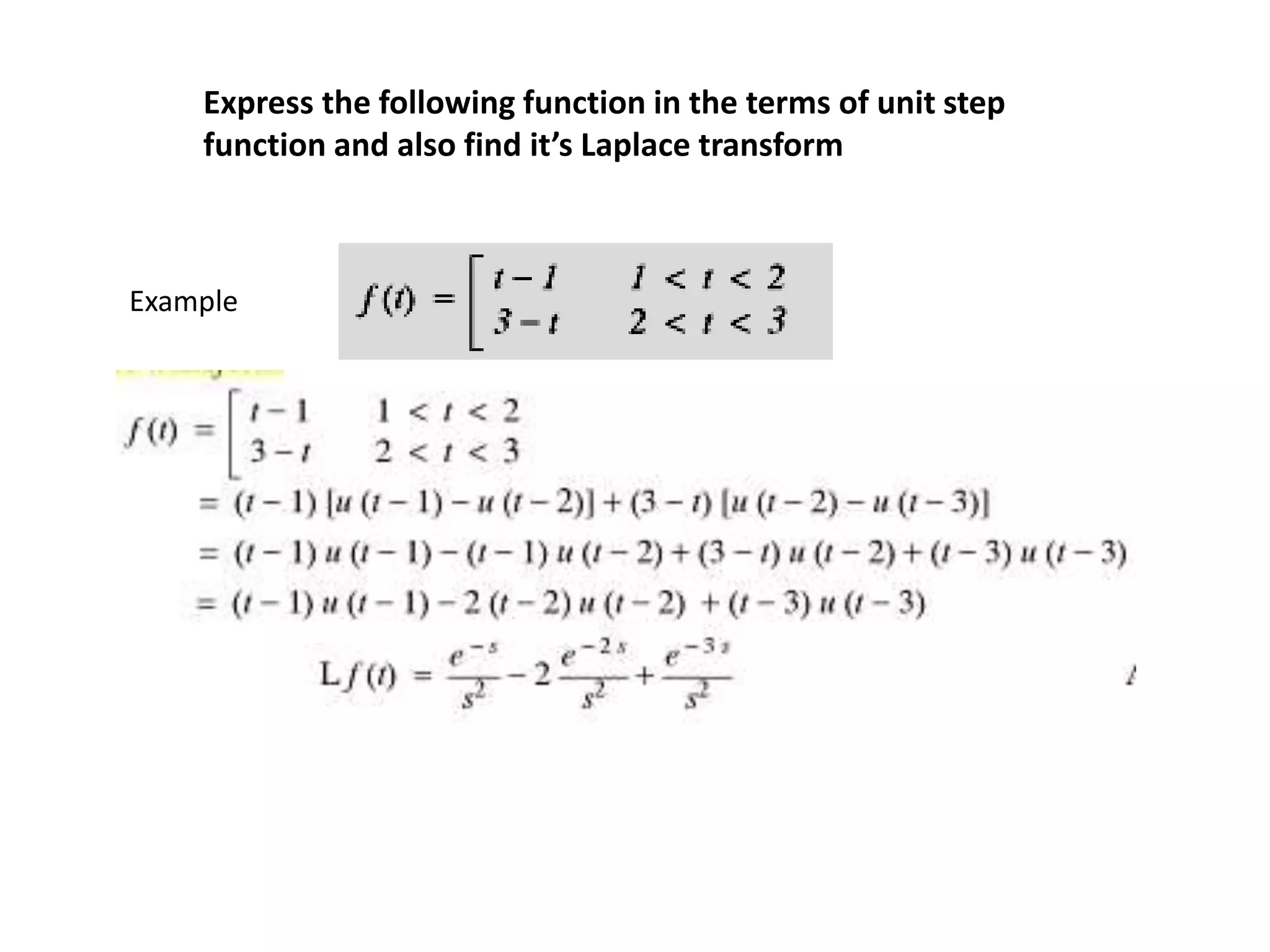 Express the following function in the terms of unit step
function and also find it’s Laplace transform
Example
 