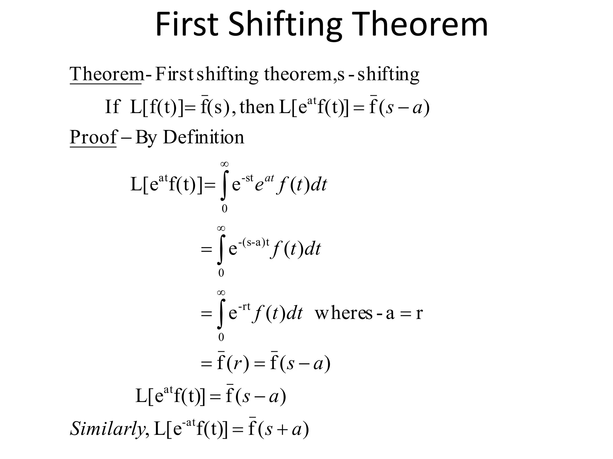 First Shifting Theorem
)(f]f(t)L[e,
)(f]f(t)L[e
)(f)(f
ra-swhere)(e
)(e
)(ef(t)]L[e
DefinitionByProof
)(f]f(t)L[ethen,(s)fL[f(t)]If
shifting-stheorem,shiftingFirst-Theorem
at-
at
0
rt-
0
a)t-(s-
0
st-at
at
asSimilarly
as
asr
dttf
dttf
dttfe
as
at














 