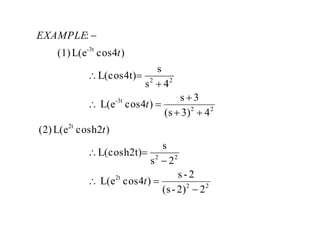 22)-(s
2-s
)4cosL(e
2s
s
L(cosh2t)
)2coshL(e(2)
43)(s
3s
)4cosL(e
4s
s
L(cos4t)
)4cosL(e(1)
:
22
2t
22
2t
22
3t-
22
3t-










t
t
t
t
EXAMPLE
 