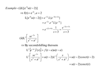  
)(cos)2(
)2(cos)2()2(L
)()()(L
theroemshiftingsecondBy
(ii)L
33
1
}{.
}{)]2(L[e
2,ef(t)
)]2((i)L[e
22
1
22
2
1-
1-
22
2
1-
)3(2
)62(
362
)2(323t-
3t-
-3t
ttu
ttu
s
s
Ltu
s
se
atuatfsfe
s
se
s
e
s
e
eLee
eLetu
a
tuExample
s
as
s
s
s
ts
ts












































 
