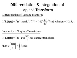 Differentiation & Integration of
Laplace Transform











0
n
n
nn
ds(s)f
t
f(t)
Lthen
,transformLaplacehas
t
f(t)
and(s)fL{f(t)}If
TransformsLaplaceofnIntegratio
1,2,3,...nwhere,(s)]f[
ds
d
(-1)f(t)]L[tthen(s)fL{f(t)}If
TranformLaplaceofationDifferenti
 