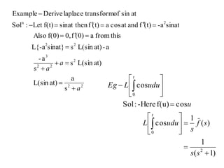 22
2
22
3
22
2n
s
a
at)L(sin
at)L(sins
s
a-
a-at)L(sinssinat}L{-a
thisfroma(0)f0,f(0)Also
sinat-a(t)fandatcosa(t)fsinat thenf(t)Let:Sol
atsinoftransformlaplaceDeriveExample
a
a
a








)1(
1
)(
1
cos
cosf(u)-Here:Sol
cos
2
0
0


















ss
sf
s
uduL
u
uduLEg
t
t
 