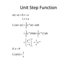 Unit Step Function
s
1
L{u(t)}
0aif
e
s
1
s
e
(1)dte(0)dte
a)dt-u(tea)}-L{u(t
at1,
at0,a)-u(t
as-
a
st-
a
st-
a
0
st-
0
st-



















 