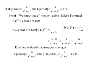 0s,
as
s
at](7)L[cosand
as
a
at]L[sin
getweparts,imaginaryandrealEquating
as
a
i
as
s
as
ias
1
)L(e1
]e[]sin[cos
sincose
Formula]s[Euler'sincosethatknow-We:Proof
0s,
as
s
at]L[cosand
as
a
at]L[sin(6)
2222
222222
at
iat
iat
ix
2222































as
ias
LatiatL
atiat
xix

 
