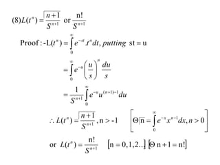   n!1n0,1,2...n
n!
)(or
0,n-1n,
1
)(
1
ust,.)-L(:Proof
n!
or
1
)()8(
1
0
1
1
0
1)1(
1
0
0
11







































n
n
nx
n
n
nu
n
n
u
nstn
nn
n
S
tL
ndxxe
S
n
tL
duue
S
s
du
s
u
e
puttingdttet
SS
n
tL
 