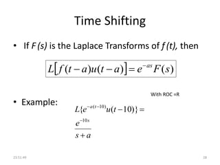 Time Shifting
• If F (s) is the Laplace Transforms of f (t), then
• Example:
23:51:49 28
  )()()( sFeatuatfL as

as
e
tueL
s
ta




10
)10(
)}10({
With ROC =R
 